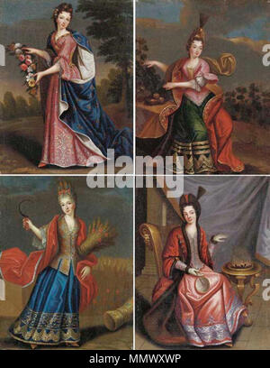 . Anglais : Peinture des quatre filles survivantes de Henri Jules, Prince de Condé que les quatre saisons ; L-R ; Marie Thérèse de Bourbon (1666-1732), princesse de Conti, le port de fleur de lis comme printemps ; Anne Marie Victoire de Bourbon (1675-1700) en vert comme l'été ; Louise Bénédicte de Bourbon (1676-1753) en bleu comme en automne, et Marie Anne de Bourbon (1678-1718) s'assit alors que l'hiver. . Vers 1690. Filles de Henri Jules de Bourbon, Gobert Banque D'Images