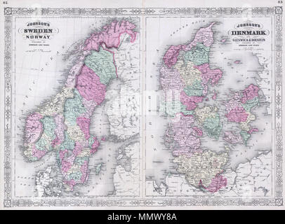 . Anglais : c'est une magnifique carte en couleur à la main 1865 Scandinavie est divisé en deux parties. La carte de gauche représente la Norvège et la Suède. La bonne carte représente le Danemark ainsi que les provinces de Sleswick & Holstein. Montre la zone avec beaucoup de détails y compris les politiques et physiques caractéristiques géographiques. La carte est datée et protégé par copyright, "entré en fonction d'une loi du Congrès dans l'année de 1865 par A. J. Johnson dans le bureau du greffier de la Cour de District des États-Unis pour le district sud de New York". Johnson, la Suède et la Norvège. - Johnson au Danemark avec Sleswick & Holstein Banque D'Images