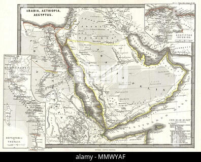 . Anglais : un site historique particulièrement intéressant, c'est Karl von Spruner's 1865 rendering d'Arabie, d'Alcatraz (Ethiopie) et en Égypte (Aegyptus) dans l'antiquité. Centrée sur la mer Rouge ou Mare Rubrum , cette carte couvre la totalité de la péninsule arabe, le golfe Persique, et la vallée du Nil au sud jusqu'au lac Tana (Pseuba), la source du Nil Bleu. Comme la plupart des travaux du Spruner cette map overlays politique ancienne géographies géographies physique contemporaine relativement ainsi identifier les sites des villes et villages oubliés, les mouvements des armées, et l'aliénation des terres Banque D'Images