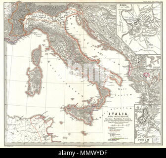 . Anglais : c'est Karl von Spruner's 1865 Carte de l'Italie, plus proche de la Gaule, l'Illyrie, Sicile, Sardaigne, Corse après la bataille d'Actium. Cette carte présente l'ensemble de l'Italie, la Sicile, la Corse, et de la Sardaigne. Spruner comprend également trois encarts détaillés. Dans le quadrant supérieur droit montre Rome, avec des camps militaires et des bâtiments étiquetés. C'est directement au-dessous de la ville de Brindisi. Historiquement, c'était une ville portuaire très importante, en raison de sa position sur la péninsule italienne et son port naturel sur la mer Adriatique. L'encart en bas à droite montre le forum avec toutes les grandes buildi Banque D'Images