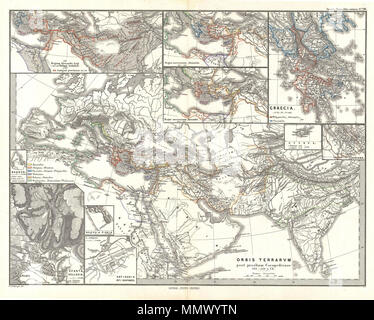 . Anglais : c'est Karl von Spruner's 1865 map, Orbis Terrarum post proelium, Corupediense ou le monde après la bataille d'Corupedium. La bataille d'Corupedium Corupedion (également appelé) est le nom de la dernière bataille de l'Diadochi, les successeurs d'Alexandre le Grand. Il a été battu, en 281 av. J.-C. entre les armées de Lysimaque et Séleucos I Nicator. Cette carte décrit le monde connu à cette époque, de l'Espagne en Europe au point le plus occidental de l'Inde, en Extrême-Orient. Spruner comprend également un certain nombre d'encarts détaillés, y compris la Grèce, Chypre et Susiana, ainsi que les représentations de kin Banque D'Images