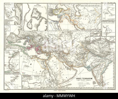 . Anglais : c'est Karl von Spruner's 1865 carte du monde à l'époque de l'Empire perse avec 11 cartouches. Les EISN (sens horaire à partir du coin supérieur gauche) caractéristique "Persepolis", "Arx Susiana", "les royaumes de Lydia, Babylone, et des médias", "Babylon", "l'acropole de Babylone", "Le Delta du Nil", "Samos", "la Sépulture à Sardes", "Persepolis -Pasargades", "l'Afrique : la côte ouest" et "Sush". Pays et territoires figurant dans la couleur. Le tout est rendu en détail finement gravée présentant tout au long de l'amende d'artisanat Perthes entreprise. Orbis Terrarvm regni Banque D'Images