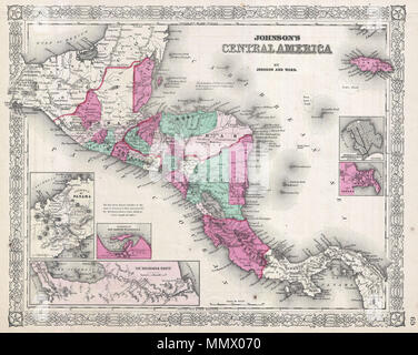 . Anglais : une belle 1866 Exemple de Johnson's Carte de l'Amérique centrale et de la Jamaïque. Couvercles du Yucatan sud-est jusqu'au Panama et au nord jusqu'à la Jamaïque. Comme la plupart des cartes Amérique du Nord Johnson, cette carte est en grande partie dérivé d'une carte murale de l'Amérique du Nord produit par Colton et Griffing D. Johnson. Dispose de plusieurs cartouches, dont l'Isthme de Panama, le Port de San Juan de Nicaragua, le Nicaragua Itinéraire, Aspinwall Ville, et la ville de Panama. Tout au long de la carte, Johnson identifie les différentes villes, villages, des forts, des rivières, des rapides, des gués, et un assortiment d'addi Banque D'Images