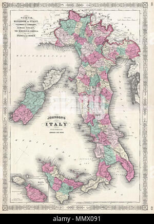 . Anglais : un bel exemple de A. J. Johnson, 1866 site de l'Italie. Johnson première introduit cette carte dans son atlas 1863 et il représente une re-gravure de sa partie initiale de deux tôles. Johnson's réexamen de son Italie carte a été vraisemblablement liées à l'unification de l'Italie dans les années 1860. N'est plus une collection d'États indépendants, l'Italie avait maintenant besoin d'être représenté comme un ensemble cohérent. Afin d'adapter cette Johnson réoriente sa carte au nord-ouest , permettant le boot pour remplir une seule page verticale tout en laissant suffisamment d'espace pour décrire complètement la Sardaigne et la Corse. Dans la plus r Banque D'Images