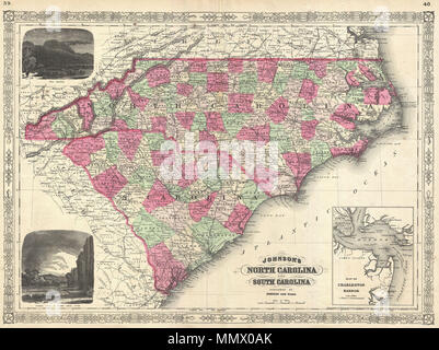 . Anglais : un bel exemple de A. J. Johnson, 1866 Plan de Caroline du Nord et Caroline du Sud. Offre un aperçu fascinant de ces membres peu après la fin de la guerre civile américaine. La carte montre les deux membres au complet avec codage par couleur selon comté. Une carte grande échelle dans le quadrant inférieur droit représente la ville et le port de Charleston. Tout au long, Johnson identifie les différentes villes, villages, rivières et assortiment de plus de détails topographiques. Vues gravées représentant la "Chimney Rocks et de l'anglais Large River" et "Table Mountain", ornent le haut à gauche et en bas à gauche h Banque D'Images