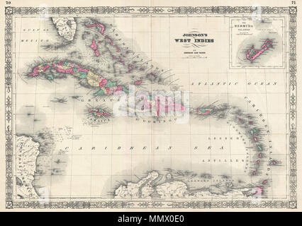 . Anglais : un bel exemple de A. J. Johnson, 1866 map of the West Indies. Couvre de la Floride à Venezuela et du Honduras à la Barbade. Inclut les Bahamas, Cuba, Jamaïque, Saint Domingue (Hispaniola), Porto Rico, et les Petites Antilles ou des îles Britanniques au vent. Un carton intérieur Bermudes apparaît dans le quadrant supérieur droit. Certaines fonctionnalités détail offshore avec les sondages de profondeur dans la Banque de Jamaïque, Pedro au large des côtes du Nicaragua, et dans le banc des Bahamas. Grandes îles disposent d'un code de couleurs selon les districts. Tout au long, Johnson identifie les différentes villes, villages, rivières et assortiment de plus Banque D'Images