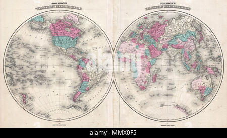 . Anglais : c'est A. J. Johnson's fine 1866 carte du monde sur une projection hémisphérique. Offre un aperçu fascinant du monde pendant une période de mondialisation rapide et de découverte. C'est l'une des premières apparitions du Lac Victoria sur une carte de Johnson. Juste au sud du lac Victoria, Johnson comprend également le lac Tanganyika. Il est clairement identifier à la fois les lacs ptolémaïque du Nil qu'il entoure les deux avec les montagnes de la Lune. Il identifie également les deux Mt. Le Kenya et Mt. Kilimandjaro dans le cadre de cette gamme - une autre première Johnson - si nous savons aujourd'hui que les deux montagnes sont Banque D'Images