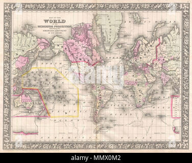 . Anglais : un bel exemple de Mitchell's 1866 carte du monde sur la projection de Mercator. Cette carte couvre le monde entier avec le continent américain en son centre. Les voies d'explorateurs important y compris Cook, l'expédition d'exploration américaine (Wilkes), la résolution, Ross, Gore et Clark sont indiquées. En Afrique, le lac Victoria est l'une de ses premières apparitions dans un site américain, au cœur de l'Afrique du "territoire inexploré", mais qualifie tout simplement de "mer intérieure". L'antarctique est représenté dans seulement la plus manière fragmentaire, en référençant le monde de l'expédition ainsi que le sim de Cook Banque D'Images