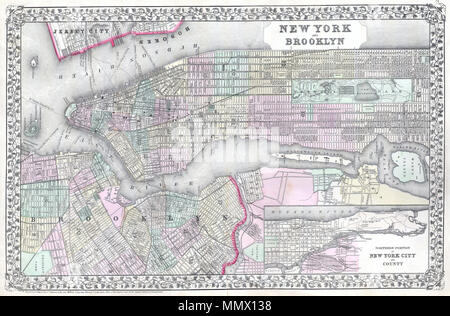 . Anglais : Cette belle main carte en couleur est une gravure lithographique de New York City, datant de 1867, par le légendaire site editeur S.A. Mitchell, le plus jeune. Comprend en carton de l'Upper Manhattan et parties de Queens. De superbes détails au niveau de la route, y compris l'indication des bâtiments individuels. Montre les diverses routes de traversiers entre New York et Jersey City, ainsi qu'entre Manhattan et Brooklyn. Central Park indiqué dans son état terminé. C'est la première de la série Mitchell à dépeindre Manhattan en totalité et à l'horizontale. Datée et protégé par le » entré accor Banque D'Images
