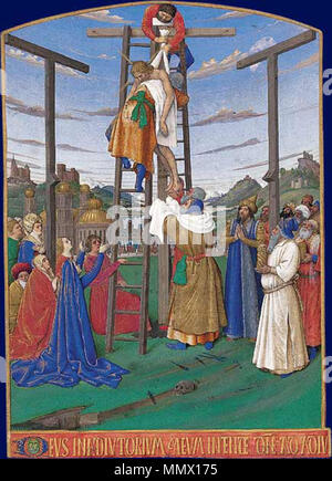 . English : Deux hommes montés sur deux échelles posées contre la croix, dont l'une est tenue par saint Jean, font descendre le corps du Christ dans un linceul recueilli par Joseph d'Arimathie et Nicodème derrière lui avec un vase pour l'embaumement. Le instruments de la passion sont à leurs pieds. La Vierge agenouillée, tient ses mains tendues vers le Christ. Le paysage montagneux en arrière plan contient une ville avec une église à bulbe évoquant Jérusalem. English : Descente de croix, miniature extraite des heures d'Étienne Chevalier . circa 1452-1460. Chevalier de dépôts Banque D'Images