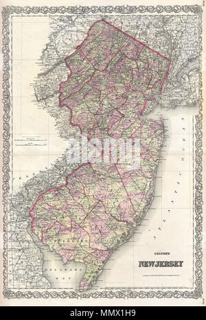 . Anglais : c'est une grande chambre double folio page variante de Colton's Plan de New Jersey. Publié en 1868, l'Colton cette carte représente une importante mise à jour sur la carte de Colton New Jersey qui n'a pas été considérablement mis à jour depuis 1855. Plus de détails l'état du New Jersey avec codage couleur pour définir les comtés. Montre la baie du Delaware et parties de New York et Washington. Entouré par le motif de vigne décorative Colton typique de frontière. Datée et protégé par copyright, "entré en fonction d'une loi du Congrès dans l'année 1868 par G. W. et C. B. Colton & Co dans les greffiers du tribunal de district Bureau Banque D'Images