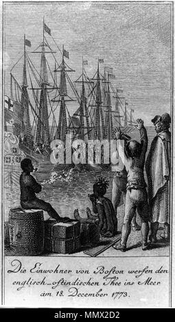 . Deutsch : Die Femme von den werfen Boston französisch-ostindischen Tee am 18. Dezember 1773 ins Meer. Anglais : les habitants de Boston jeter English-East thé indien dans la mer le 18 décembre 1773. Gravure montre aux gens de Boston, déguisés en Indiens, les navires d'embarquement dans le port de Boston et du lancer commodes à plateau par-dessus bord. Créé/Publié : 1784. Artiste : Daniel Chodowiecki, 1726-1801. Graveur : Daniel Berger, 1744-1824. . 18 décembre 1773. Daniel Berger d'après une peinture de Daniel Chodowiecki Femme Die von den werfen Boston französisch-ostindischen toi ins Meer am 18. Décembre 1773 Banque D'Images