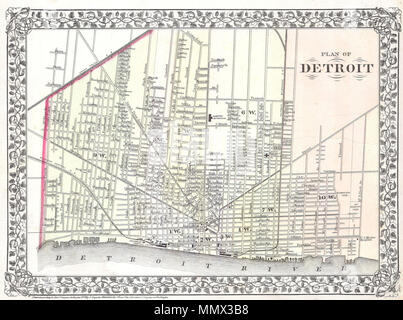 . English : main cette carte en couleur est une gravure lithographique, datant de 1873 par le légendaire cartographe S.A. Mitchell, le plus jeune. Il représente la ville de Detroit. Plus jusqu'à la rue avec de nombreux bâtiments importants étiquetés. En date du et protégé par copyright 1873. Plan de Detroit. 1872. Mitchell 1872 Carte de la ville de Detroit, Michigan - Geographicus - Detroit-M-72 Banque D'Images