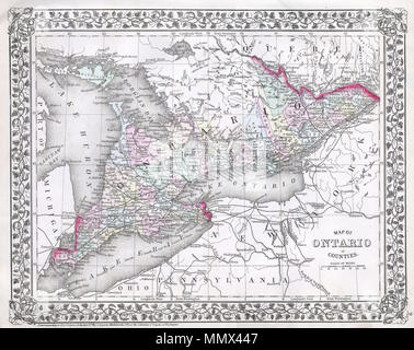 . English : main cette carte en couleur est une gravure lithographique, datant de 1874 par le légendaire cartographe S.A. Mitchell, le plus jeune. Il représente la province canadienne de l'Ontario et comprend le lac Érié, le lac Huron et le lac Ontario en plein. Carte de l'Ontario dans les comtés. 1874. Mitchell 1874 Carte de l'Ontario, Canada - Ontario - Geographicus-m-1874 Banque D'Images