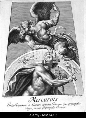 . Anglais : Mercurius ; l'un d'une série de huit gravures de Raphaelis Sanctii Urbinatis Planetarium par Nicolas Dorigny, 1695. Copie de la mosaïque de Raphael de bord dans le dôme de la chapelle Chigi. . 19 janvier 2017. Nicolas Dorigny Dorigny Mercurius Planetarium Banque D'Images
