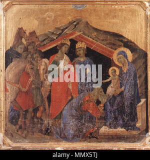 Anglais : l'Adoration des Mages Deutsch : Anbetung der Heiligen Drei Könige . Entre 1308 et 1311. Duccio di Buoninsegna, l'Adoration des Mages (Museo dell'Opera del Duomo, Sienne) Banque D'Images