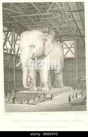 . Anglais : Augustus Welby Northmore Pugin , Siderograph (gravure) du plâtre maquette à l'échelle de l'(pas réellement construit) monument en bronze/statue d'un éléphant à l'fr:Place de la Bastille, 12,7 x 9,5 cm. . 1830. En:John Nash (architecte) Elephant-siderography-LaBastille2 Banque D'Images