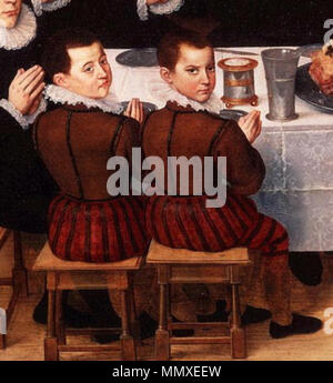 . Deux garçons à Table disant grace - Détail de l'image:Famille disant Grace Anthonius Claeissins c 1585.jpg . 1585. Anthonius ou Antoon Claeissins FAMILLE DISANT GRACE ANTHONIUS CLAEISSINS C 1585 détail 1 Banque D'Images