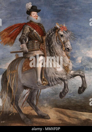 . Español : Retrato ecuestre del Rey de España Felipe III (1578-1621), que fue Hijo del Rey Felipe II de España y de la Reina Ana de l'Autriche. Portrait équestre de Philippe III, circa 1635. Felipe III a caballo (restaurado) Banque D'Images