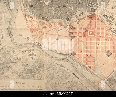 . Español : Ensanche de Madrid : anteproyecto. Plano General de la zona de Ensanche y del emplazamiento y distribución del nuevo riu, ejecutado por Real Orden de 8 de Abril de 1857 Carlos Mª de Castro ; F. Perez Baquero grabó Euskara : Madrilgo Castro zabalgunea, 1857. . 1861. Castro, Carlos María de Pérez Baquero, Francisco (fl. 1859-1905) Litografía de J. Donon (Madrid) Finca Casa-Puerta, abajo a la derecha, plano de Castro, 1861 (portrait) Banque D'Images