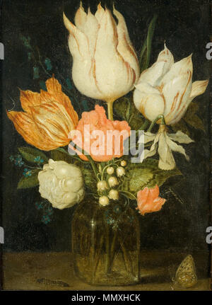 Anglais : Fleurs dans un verre carré Nederlands : Bloemen dans vierhoekig een glazen vaasje . Entre 1610 et 1614. Fleurs dans un verre carré par Ambrosius Bosschaert l'ancien Banque D'Images