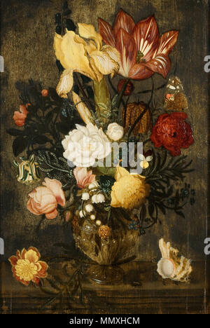 Anglais : Fleurs dans un verre carré Nederlands : Bloemen dans vierhoekig vaasje een glazen circa 1617 .. Fleurs dans un verre par atelier Ambrosius Bosschaert l'ancien Banque D'Images