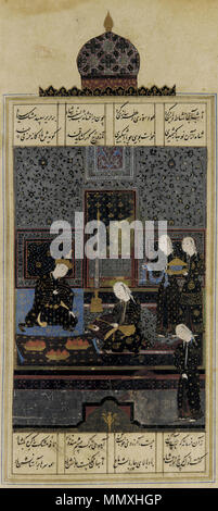 . À partir d'un folio Khamsa (Quintet) par Nizami ; Verso : Bahram Gur et la princesse indienne dans le pavillon noir ; texte recto : 1548 période safavide, encre et aquarelle opaque sur papier or H : 31,1 W : 19.7 cm Shiraz, Iran don de Charles Lang Freer, F1908.271a-b . 1548. Dynastie safavide folio d'une Khamsa-c Banque D'Images