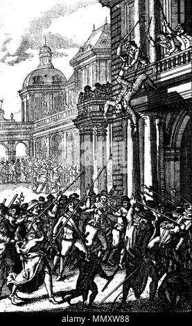 . Anglais : Frontispice du livre 1729 Histoire des révolutions de Portugal, par René Aubert de Vertot. La gravure représente une scène de la restauration de l'indépendance en 1640 -- la quarante conspirateurs defenestrate Miguel de Vasconcelos, Philippe IV le secrétaire d'État, d'une des fenêtres de la Ribeira Palace. Português : Fontispício do Livro Histoire des révolutions de Portugal, publicado em 1729, por René Aubert de Vertot. Une représentation gravura um episódio da Restauração da Independência em 1640 -- Le Quarenta os Conjurados defenestram Miguel de Vasconcelos, o Secretário de esta Banque D'Images