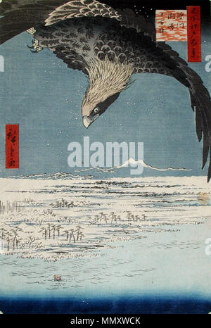 . Anglais : numéro d'Accession : 1957.248 : l'artiste Utagawa Hiroshige Afficher Titre : Fukagawa Susaki et Jumantsubo Traduction(s) : 'Fukagawa Susaki Juman tsubo", Titre de la série : Cent vues célèbres d'Edo Edo Meisho Suite Nom : hyakkei Date de création : 1857 technique : gravure sur bois HAUTEUR : 13 5/16 in. Largeur : 8 11/16 in. Dimensions d'affichage : 13 x 8 5/16 in. 11/16 in. (33,81 cm x 22,07 cm) Editeur : Sakanaya Eikichi (Uoei) Ligne de crédit : legs de Mme Cora Burnett Timken copie de l'étiquette : "Dans l'une des plus spectaculaires scènes de la série, un aigle royal se précipite vers une multitude d'oiseaux d'eau recueillie Banque D'Images