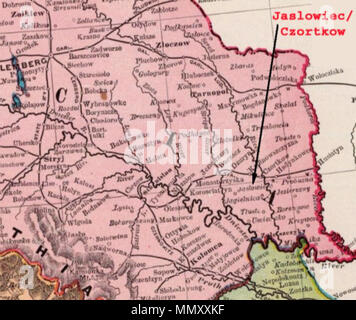 . Anglais : c'est au sud-est de la Galice en 1897. Il a été fait à partir de la carte de la Galice - http://upload.wikimedia.org/wikipedia/commons/b/b9/Galicia 1897 1.jpg . 18 mai 2013, 23:12:57. 1897 Jaslowiec Mopialex la Galice Banque D'Images