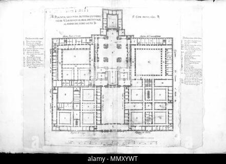 . Español : Diseños de toda la Fábrica de San Lorenzo el Real del Escurial (sic) avec les déclarations de las letras, números y caracteres de cada uno, Madrid, 1694, Universidad de Sevilla. . Entre 1589 et 1694. Juan de Herrera, Pedro Paret 754 gravure 13268 3 Banque D'Images