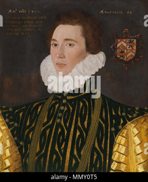 . Anglais : Portrait de Thomas Slingsby (1556-1579), fils aîné de Francis Slingsby et son épouse Mary Percy, soeur de Thomas Percy, 7e comte de Northumberland, Henry Percy, 8e comte de Northumberland. La gardienne fut noyé âgé de 23 ans. . 1577. George Gower Portrait de Thomas Slingsby Banque D'Images