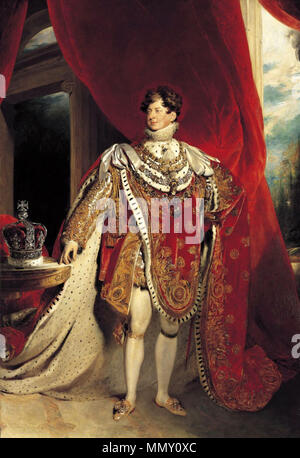 . Anglais : Le roi George IV représenté portant des robes de couronnement et quatre ordres chevaleresque de colliers : Le Golden Fleece, Royal Guelphic, baignoire et porte-jarretelles. Portrait du couronnement de George IV.. 1821. George IV couleur 1821 Banque D'Images