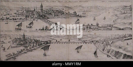 . English : Gravure représentant deux vues panoramiques de Jargeau (Gergeau) et d'une partie de Saint-Denis-de-l'hôtel ainsi que l'ancien pont de pierre sur la Loire (XVIIè siècle). . Vers 1641. Claude Chastillon (1559-1616) Noms alternatifs Claude Chatillon ; Claude Châtillon Description architecte, ingénieur civil, et le dessinateur topographe Date de naissance/décès 1559 ou 1560 27 avril 1616 Lieu de naissance/décès Châlons-en-Champagne Paris lieu de travail France contrôle d'autorité : Q1096583 : VIAF ?17524239 ISNI : ?0000 0000 8687 4999 ULAN : ?500028298 RCAC : ?c94005144 : ?CHASTI WGA Banque D'Images