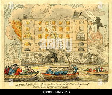 . Illustration par Samuel William Fores concernant l'incendie qui a détruit l'Albion Mills, Londres, en 1791. Fores était un éditeur et l'illustrateur vivant entre 1761 et 1838. Fores, le fils d'un marchand de tissu, a commencé à publier ses œuvres en 1783 ; sa spécialité était la caricature s'imprime. . 1791. S. W. Fores un bon feu pour les pauvres ou la honte d'Albion exposés Banque D'Images