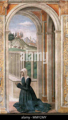 . Anglais : Portrait du donateur Francesca Pitti-Tornabuoni Fresco Cappella Tornabuoni, Santa Maria Novella, Florence . Entre 1486 et 1490. Domenico Ghirlandaio (1448-1494) Nom de naissance Autres noms : Domenico Di Tommaso Bigordi Currado Bigordi ; Domenico Domenico Ghirlandajo ; ; Domenico Grilleandajo peintre italien Description Date de naissance/décès 1449 11 janvier 1494 Lieu de naissance/décès Florence Florence lieu de travail San Gimignano (1475), Rome (1475), Florence, Rome (1477-1478), (1479), Settimo Lucca (1479), Florence (1480), le Poltava (1480-1481), Rome (1481), San Gimignano ( Banque D'Images