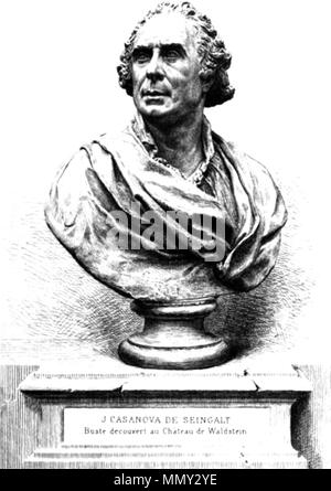 . Anglais : Portrait de Giacomo Girolamo Casanova de Seingalt (1725-1798) l'âge de 40 ans. Après la gravure d'un buste en terre cuite trouvés dans le château de Duchcov. (Cf. La section de texte ci-dessous.) English : Portrait de Giacomo Girolamo Casanova de Seingalt (1725-1798) à quarante ans. Gravure à l'eau-forte d'après un buste en terre cuite retrouvé au château de Dux. (Cf. la section Texte dessous.) . Anglais : Gravure : 1883. -- Buste : présumé du 18e siècle. English : Eau-forte : 1883. -- Buste : présumé XVIIIe siècle. . GiacomoGirolamoCasanova Banque D'Images