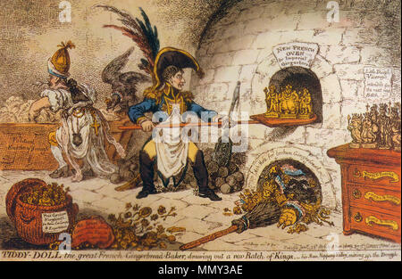 . Anglais : Caricature de James Gillray Tiddy : poupée, la grande-French-Gingerbread Baker ; dessin d'un nouveau lot de rois. Publié le 23 janvier 1806. Le 'nouveau lot de Kings' étant sorti du four par Napoléon sont le roi (déjà) de l'électeur de Bavière, le Roi (déjà) de l'électeur de Wurtemberg et le Grand-duc (Margrave de Bade précédemment). Leur accession à ces nouveaux titres a été confirmé par le Traité de Presbourg, du 26 décembre 1805. Le Ministre des affaires étrangères, Talleyrand lui-même occupé dans l'arrière-plan est montré portant une mitre d'évêque (Talleyrand avait été évêque d'Autun jusqu'à th Banque D'Images