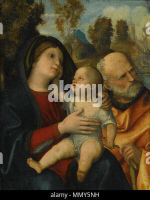 . Italiano : Giovanni Francesco Tura Sainte Famille dans un paysage boisé - Huile sur panneau, 50 x 39 cm Collection privée . 30 décembre 2016. Giovanni Francesco Tura - Sacra Famiglia - Collezione privata Banque D'Images