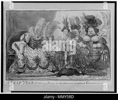 . Anglais : Titre : une année bissextile salle de dessin, ou les plaisirs de jupon gouvernement Résumé : Imprimer montrant George IV habillé comme une femme assise dans un salon de son message d'accueil clientèle féminine, un invité s'agenouiller sur un coussin et d'embrasser sa main peut être Dame Conyngham. Description physique : 1 : impression, gravure à la main, 27,6 x 39 cm ;. (Feuille) Notes : Cruikshank fecit. ; fait partie de : British Cartoon Collection (Bibliothèque du Congrès). ; titre de l'article. . Avant 1820. Isaac Robert Cruikshank (1789-1856) Noms alternatifs Robert Cruikshank caricaturiste et illustrateur Britannique Description Banque D'Images