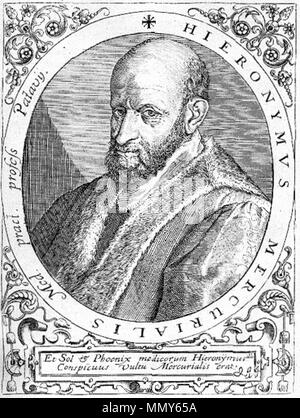. Anglais : médecin italien et médecin Girolamo Mercuriali, comme illustré dans la Bibliotheca chalcographica, hoc est Virtute et eruditione clarorum virorum Imagine. Chalcographie par Theodor de Bry. Ιταλός φιλόλογος Ελληνικά : Ο και γιατρός Τζερόνιμο Μερκουριάλι. Χαλκογραφία Τεοντόρ ντε Μπρυ του, περ. 1597-99. Girolamo Mercuriali par de Bry Banque D'Images