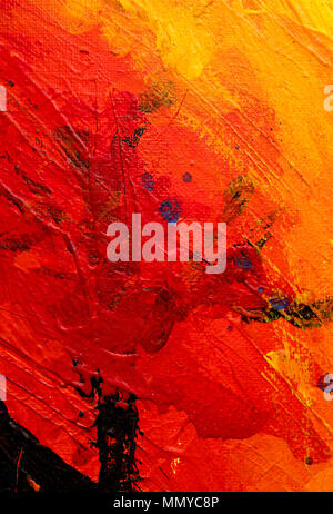 Un vibrant et coloré, l'huile et l'acrylique la peinture abstraite sur toile peint avec des coups de pinceau libre et sauvage en rouge, orange et jaune Banque D'Images