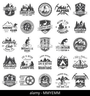 Camp d'été,vtt, club alpin. Vector illustration. Set de badges vintage, étiquettes, logos, silhouettes. Typographie Vintage collection avec 2 Illustration de Vecteur