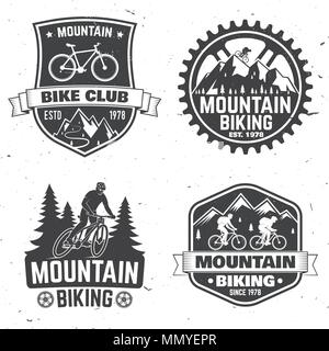 Ensemble d'bikings montagne clubs. Vector illustration. Concept pour chemise ou logo, print, stamp ou cycliste le tourisme. Typographie vintage design avec forêt, Illustration de Vecteur