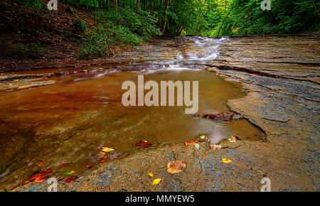 Une petite cascade sur Brandywine Creek dans le parc national de Cuyahoga Valley dans l'Ohio. Vu ici en été avec un faible débit d'eau. Banque D'Images