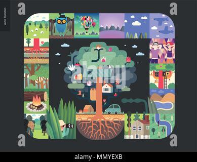 Des choses simples - forest situé sur un fond noir - télévision cartoon vector illustration de Hunter, champ, arbres, forêt, bois, racines, moutons, OWL, air Illustration de Vecteur