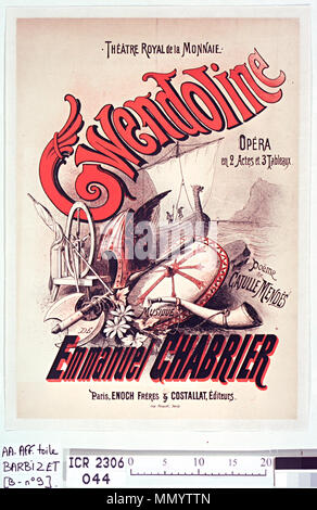 . English : Affiche de l'opéra (musiqueːEmmanuel Gwendoline Chabrier, poème de Catulle Mendès), Théâtre Royal de la Monnaie, Bruxelles, 1886 (première). . 1886. Antoine Barbizet (1821-1866) illustrateur et lithographe français Description Date de naissance/décès 5 Mars 1821 23 janvier 1866 Lieu de naissance/décès Chalon-sur-Saône Paris contrôle d'autorité : Q25901084 : ?29801555 Gwendolineaffiche VIAF Banque D'Images