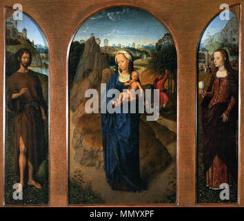 Le triptyque reste sur la fuite en Égypte (panneau central) ; Saint Sébastien (panneau de gauche) ; la Crucifixion (panneau de droite). Entre 1475 et 1480. Hans Memling Triptyque - Le Repos pendant la fuite en Égypte - Louvre Banque D'Images