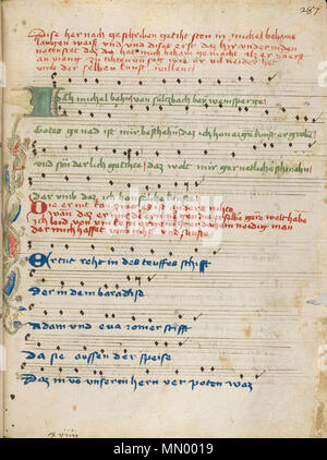 . Anglais : Début de la lange Weise (traduit : mélodie longue) qui est utilisé pour les chansons de Michel Beheim 425-452, pris du folio 287r de la cpg 312 Bibliothèque de l'Université de Heidelberg. Cette mélodie est, par exemple, pour être utilisé pour la chanson 449 Patericÿ fegfeur von Sant. . Entre 1457 et 1465. Michel Beheim Heidelberg cpg 312 Michel Beheim Lieder 287r Banque D'Images