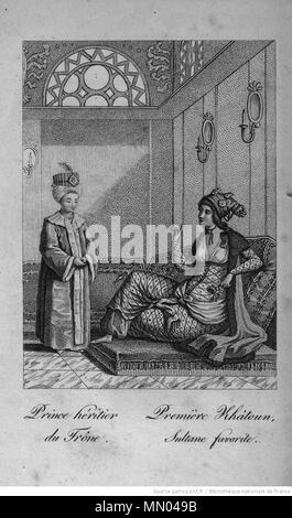 . English : Moeurs, usages, costumes des Ottomans : et abrégé de leur histoire Tome 3. Frontispice 'Prince héritier du trône, première Khâtoun, sultane favorite' . 1812. Castellan, A. L. ( 1772-1838), Langlès L. (1763-1824) Histoire des Ottomans, Castellan Antoine - Hasseki, prince Banque D'Images